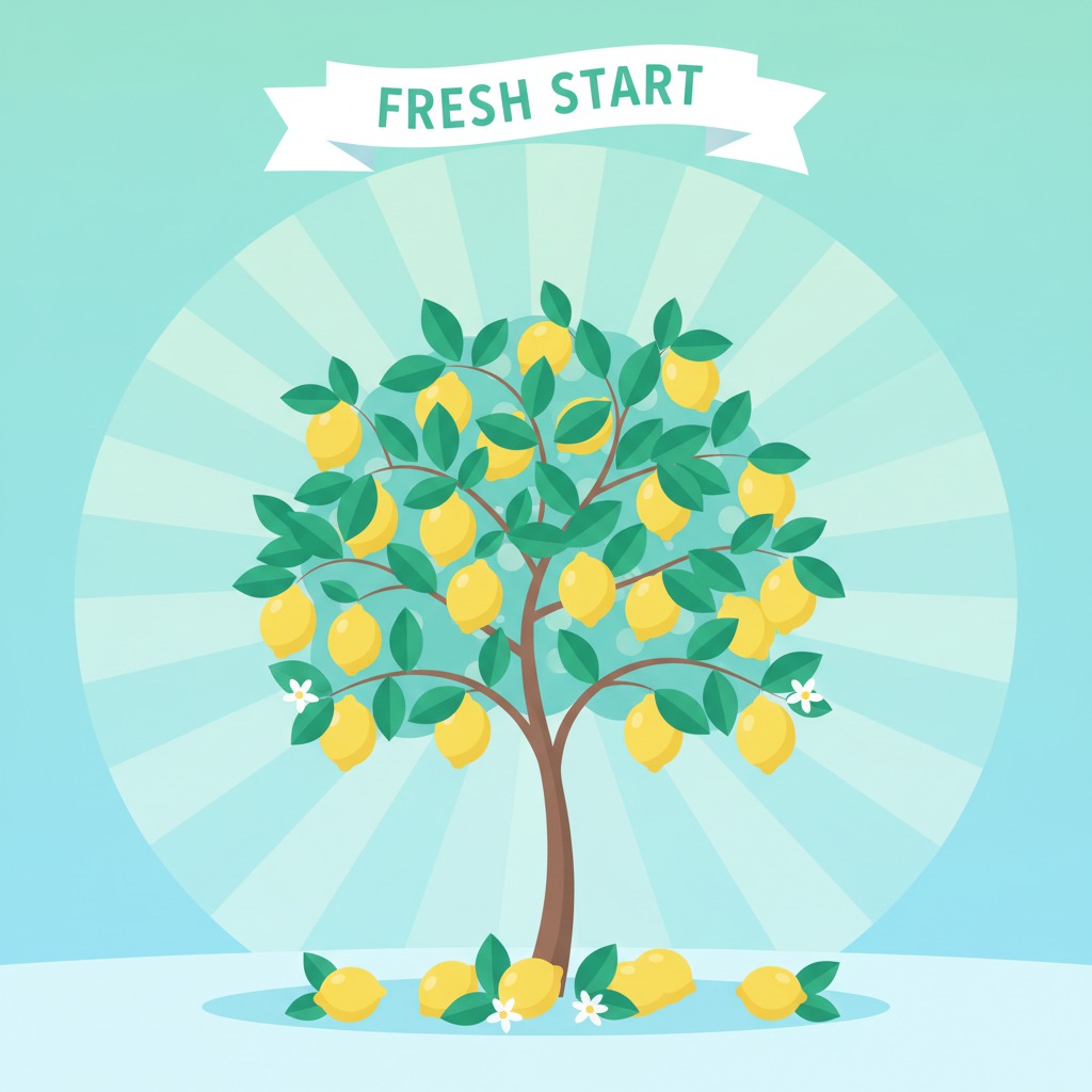 一棵挂满柠檬的树，上方带有“FRESH START”字样的横幅。