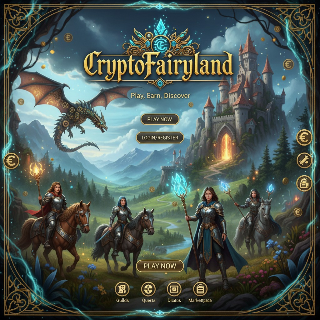 《CryptoFairyland》游戏主界面，展示了奇幻城堡、飞龙、身穿盔甲的战士以及带有“立即游玩”按钮的菜单。